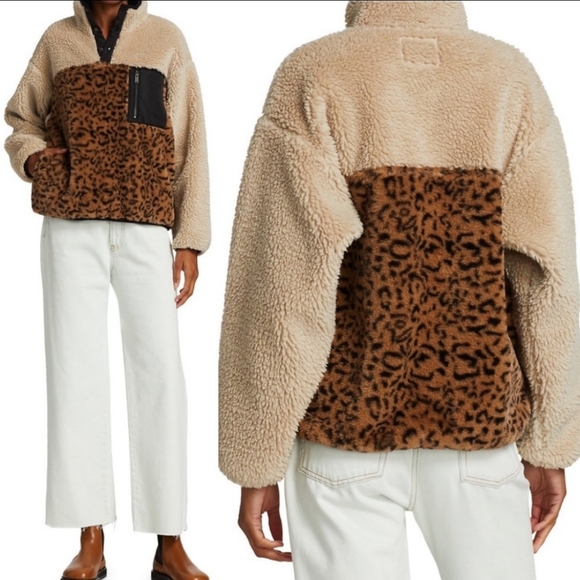 Rails Faux Leopard Fur Sherpa Paneled Pullover Jacket Size Small - Picture 2 of 11